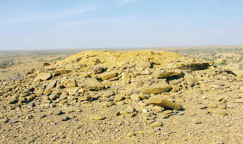 A view of illegally excavated stone circular grave on Shaikhani Buthi, Mol Valley.