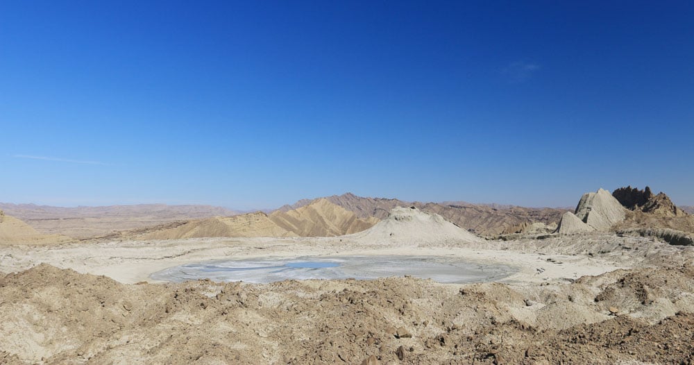 General view of the caldera. The bleached cone in the middle and the one to the right are dormant vents.