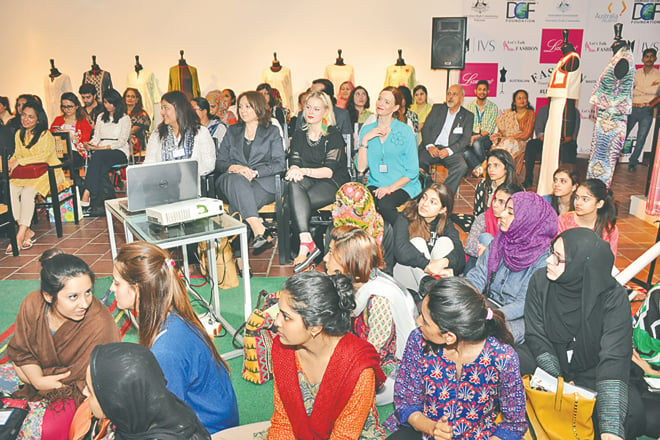 instepreport The Australian Fashion Masterclass, spearheaded by Heidi Phillips (centre), was attended by members of the fashion fraternity, including Sania Maskatiya, Tena Durrani and Adnan Pardesy, along with other SME designers. 