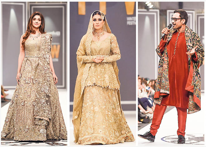 (L-R) A beautiful Mawra Hocane stepped on the runway for Republic Womenswear, a show that was pretty but forgettable; Aiza Khan looked lovely but uncomfortable walking down the runway for Deepak Perwani and Ali Sethi, wearing a gorgeous embroidered shawl by Nida Azwer, would have sounded even better had he sang live.