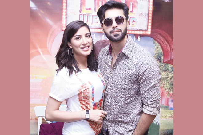 (Clockwise from top): Mehwish Hayat, Fahad Mustafa, Nabeel Qureshi & Fizza Ali Meerza at the media junket of Load Wedding, an upcoming social satire that is scheduled to release in Pakistan and beyond on Eid ul Azha.