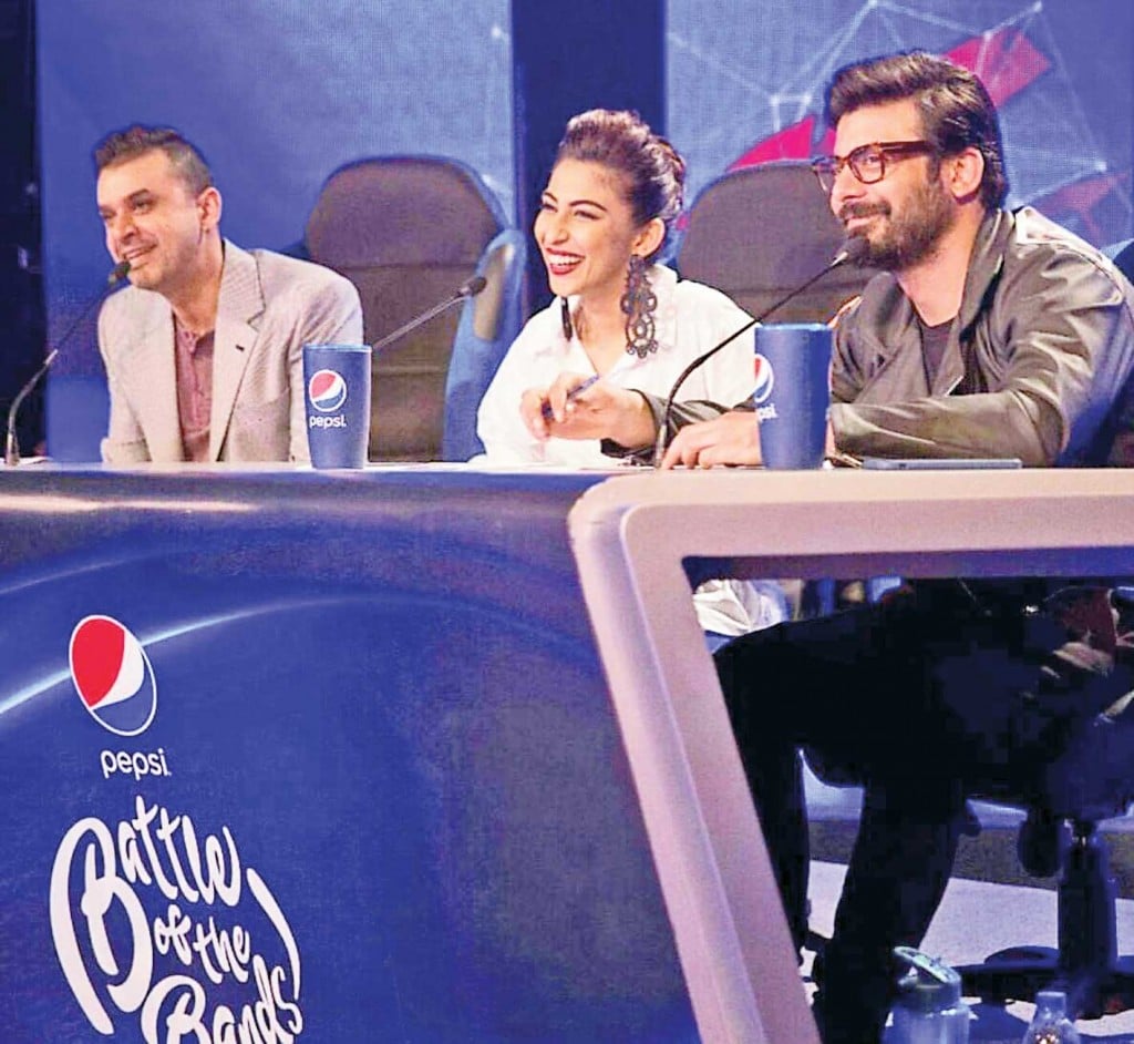 Program judges Meesha Shafi and Fawad Khan with guest judge Farooq Ahmed.