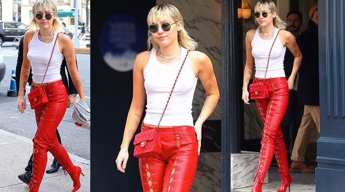 Miley Cyrus Red Leather Boots With Matching Lace Up Red Pants