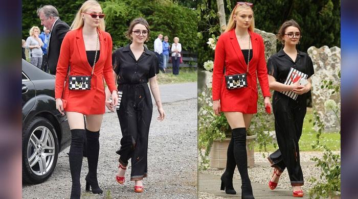 Sophie Turner Attended Kit Harington and Rose Leslie's Wedding in a Red  Minidress and Thigh-High Boots