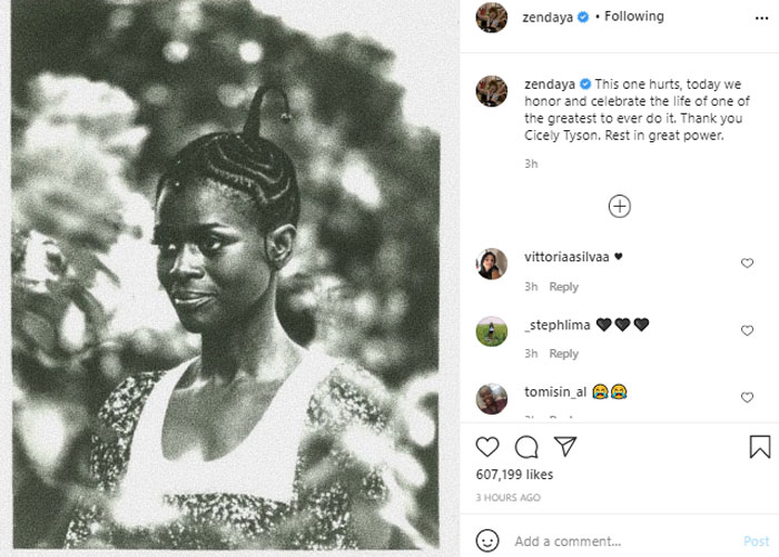 Zendaya shares heartfelt note to pay tribute to Cicely Tyson