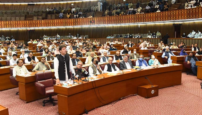 Prime Minister Imran Khan addresses a session of the National Assembly, following the passing of the federal budget a day earlier, on June 30, 2021. — Photo courtesy Twitter/NAofPakistan