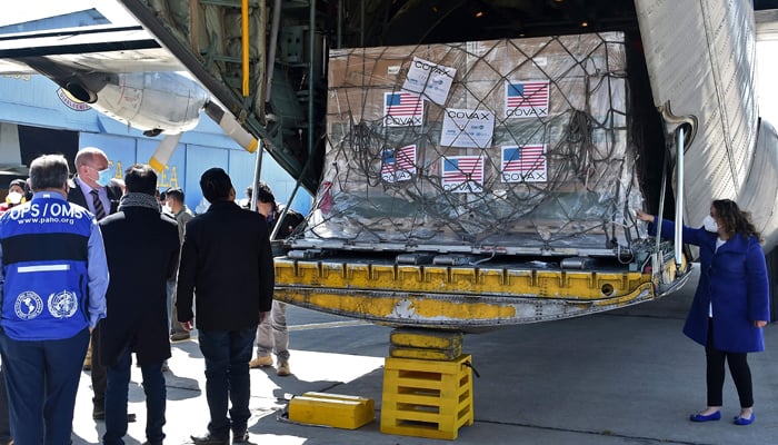 View of boxes containing some of 1,008,000 doses of US Johnson & Johnson vaccines against COVID-19 donated through the COVAX mechanism, upon their arrival at the Air Force base in El Alto, Bolivia, on July 11, 2021. — AFP/File