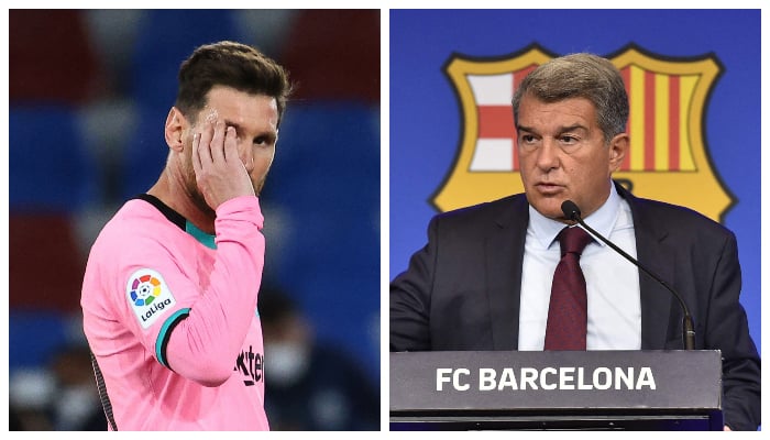 In this file photo taken on May 11, 2021 Barcelona´s Argentinian forward Lionel Messi reacts at the end of the Spanish league football match Levante UD against FC Barcelona at the Ciutat de Valencia stadium in Valencia (left) and President of FC Barcelona Joan Laporta holds a press conference at the Camp Nou stadium in Barcelona on August 6, 2021 to explain Lionel Messi exit (right). — AFP