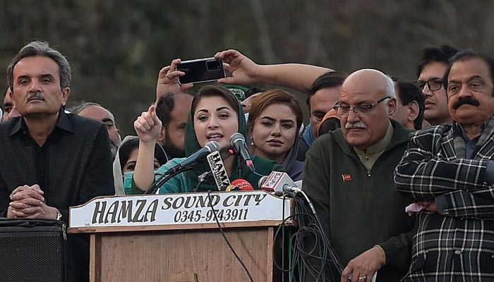 PML-N Vice-President Maryam Nawaz Sharif (2L) addresses a protest rally beside the other leaders in front of the election commission in Islamabad on January 19, 2021. — AFP/File