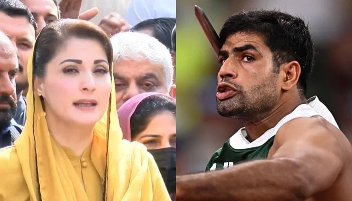 PML-N Vice-President Maryam Nawaz (left) and Pakistan´s Arshad Nadeem competes in the men´s javelin throw final during the Tokyo 2020 Olympic Games at the Olympic Stadium in Tokyo on August 7, 2021 (right). — YouTuibe/AFP