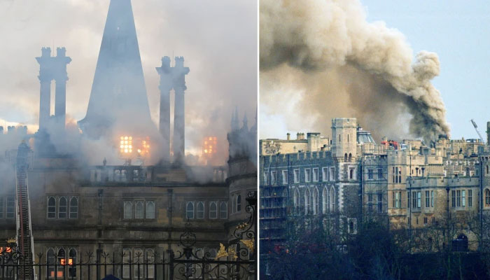 ‘The Crown’: New photos show devastating fire that tore through Windsor Castle in 1992 / [L] The Crown; [R] Original fire from 1992