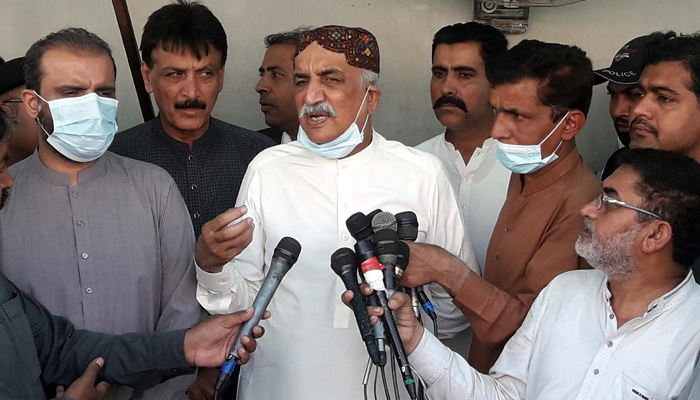 PPP leader PKhursheed Shah speaks to media persons in Sukkur on September 24, 2021. — PPI/File