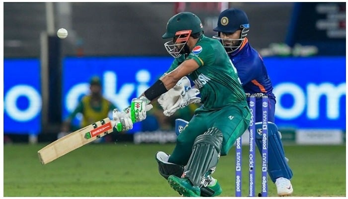 Babar Azam plays a shot during the ICC men’s Twenty20 World Cup cricket match between India and Pakistan at the Dubai International Cricket Stadium in Dubai on October 24. — Photo: AFP