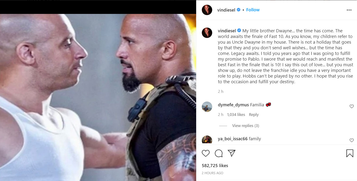 Vin Diesel calls Dwayne Johnson back into ‘Fast and Furious’ franchise: ‘No other can play Hobbs’