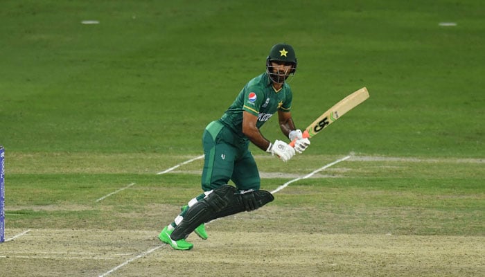 Pakistan´s Fakhar Zaman plays a shot during the ICC T20 World Cup semi-final match between Australia and Pakistan at the Dubai International Cricket Stadium in Dubai on November 11, 2021. — AFP