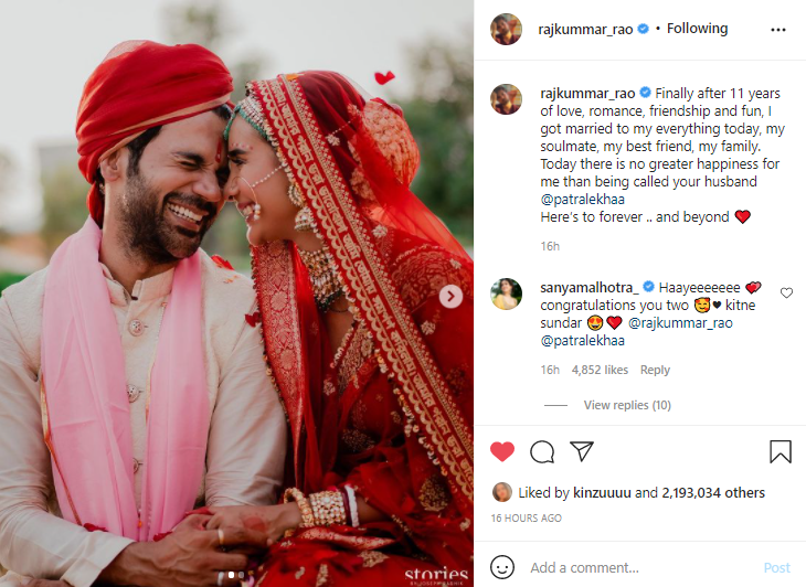 Rajkummar Rao & Patralekhaa make a gorgeous couple at their royal wedding reception