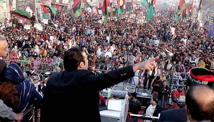 PPP Chairman Bilawal Bhutto Zardari addressing a public gathering on the founding day of PPP in Peshawar on November 30, 2021. — Online/File