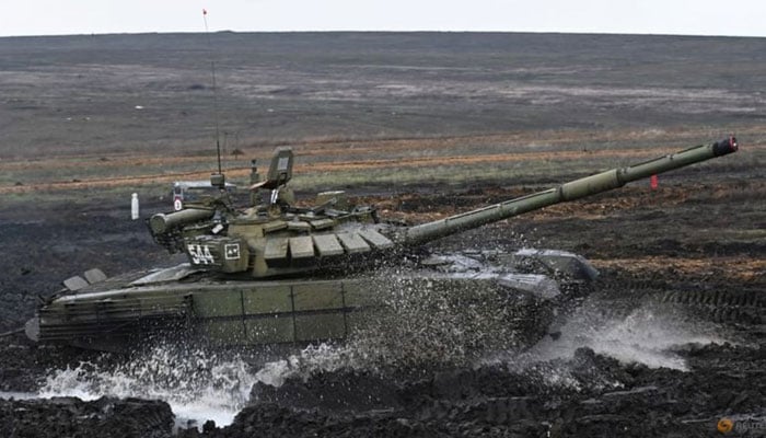 A Russian T-72B3 main battle tank drives during military drills at the Kadamovsky range in the Rostov region of Russia on Dec 20, 2021. File photo