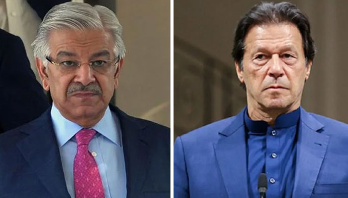 PML-N’s senior leader Khawaja Asif (L) and Prime Minister Imran Khan (R). Photo: file