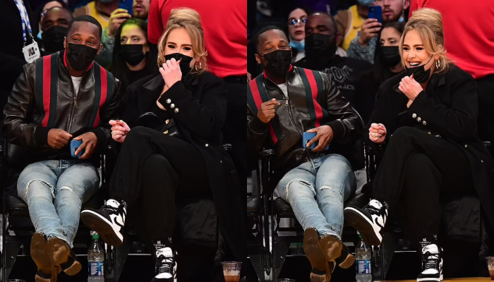 Adele Wears Brown Leather Two-Piece Set at NBA Game with Rich Paul