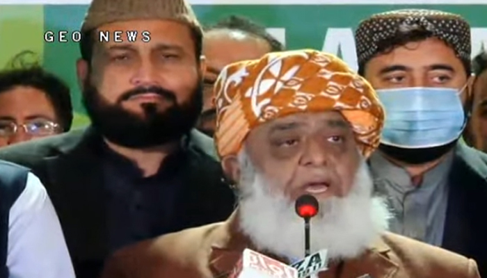 Chief of the Oppositions Pakistan Democratic Movement (PDM), Maulana Fazlur Rehman, addressing a press conference, in Islamabad, on January 25, 2021. — Geo News