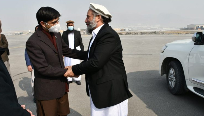 National Security Adviser Moeed Yusuf arrives in Kabul to hold meetings with Afghan leadership, on January 29, 2022. — APP