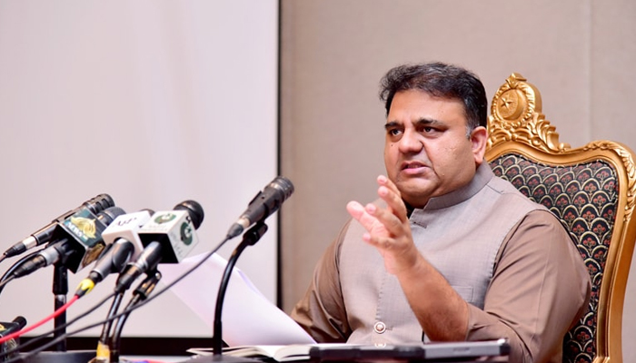 Information Minister Fawad Chaudhry addresses a press conference in Islamabad. — PID/File