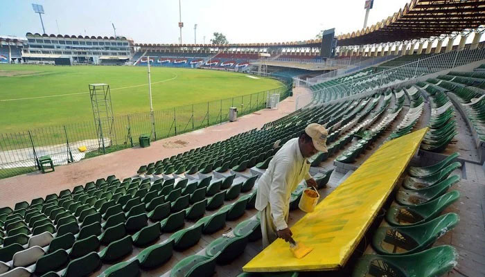 Preparations underway for PSLs second leg at Gaddafi Stadium in Lahore. Photo: file