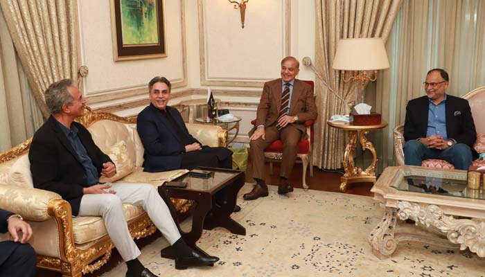 (L-R) MQM-P leader Wasim Akhtar and Amir Khan attend a meeting with PML-N President Shahbaz Sharif and Ahsan Iqbal. — Twitter/@pml_org