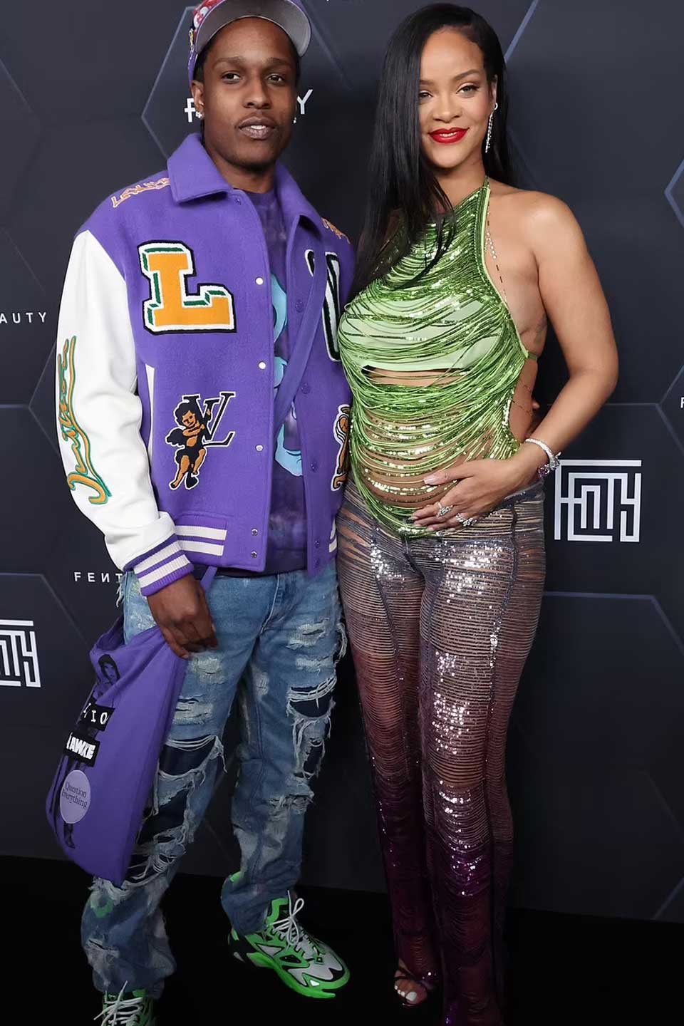 Rihanna adorns her growing baby bump with a glimmering sequin ensemble