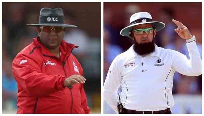 Picture shows umpires Ahsan Raza (L) and Aleem Dar (R) who will officiate the Test series against Pakistan.