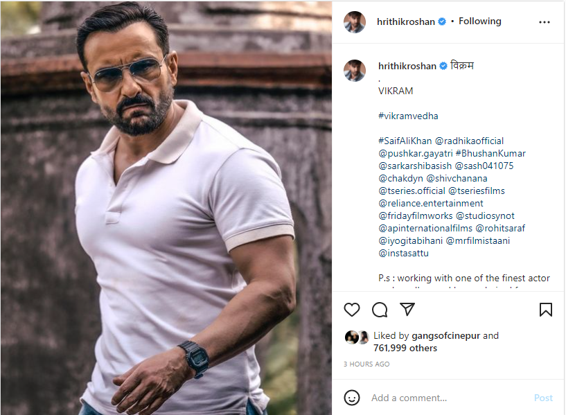 Saif Ali Khans First Look From ‘vikram Vedha Is Out Hrithik Roshan Calls Him ‘finest Actor 