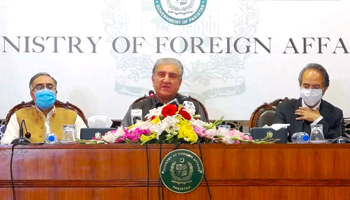 Pakistan´s foreign minister Shah Mahmood Qureshi gestures while addressing the members of the media in Islamabad on February 25, 2022. — Facebook