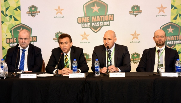 Pakistan Cricket Board (PCB) Chief Executive Officer Faisal Hasnain (centre left) addressing a press conference alongside PCB and Australian Cricketers Association officials in Rawalpindi, on March 4, 2022. — PCB