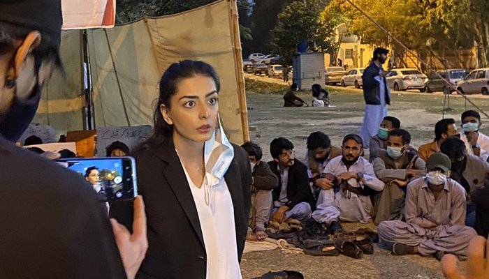 Lawyer and human rights activist Imaan Zainab Mazari addressing a protest in Islamabad, on March 1, 2022. — Twitter/@SammiBaluch