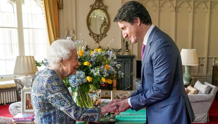 Queen Elizabeth on Monday met Canadian Prime Minister Justin Trudeau at the Windsor Castle