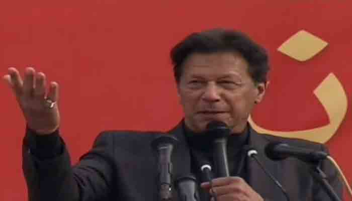 Prime Minister Imran Khan addressing a public rally in Lower Dir. -Screengrab