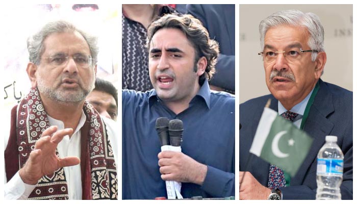 (L to R) Former prime minister Shahid Khaqan Abbasi addressing a press conference at Soomro House Qasimabad in Hyderabad, on February 6, 2022, PPP Chairman Bilawal Bhutto Zardari speaks to the media after the parliament took up a no-confidence motion against Prime Minister Imran Khan, outside the parliament building, in Islamabad, on March 28, 2022, and ex-foreign minister and PML-N leader Khawaja Asif. — INP/Reuters/Wikipedia/File