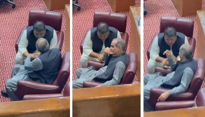 video-watch-firebrand-fawad-chaudhry-meets-pml-n-s-khawaja-saad-rafique-during-na-session