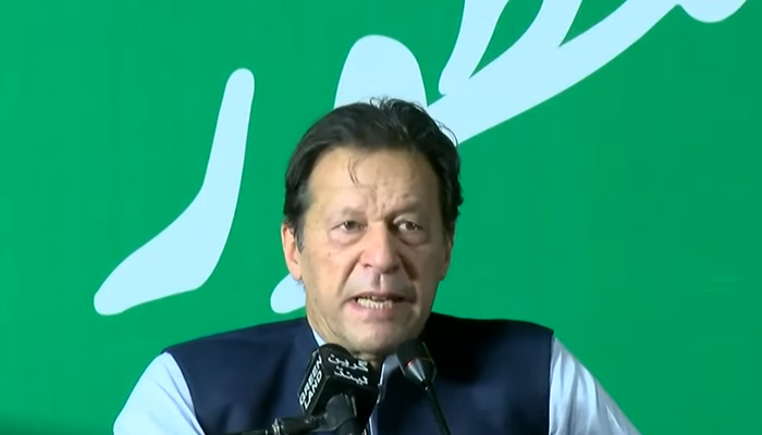 PTI Chairman Imran Khan addressing a PTI workers convention in Multan, on April 29, 2022. — YouTube/HumNewsLive