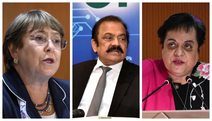 United Nations High Commissioner for Human Rights Michelle Bachelet, Interior Minister Rana Sanaullah and PTI leader Shireen Mazari. — AFP/PPI/File