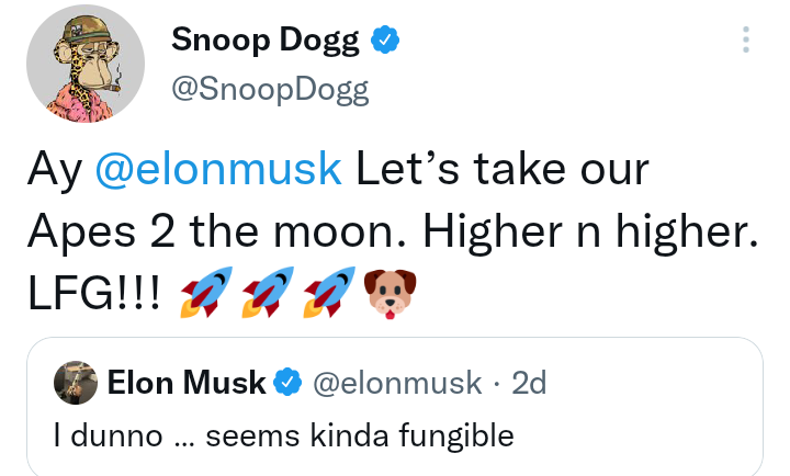 Snoop Dogg wants Elon Musk to take Apes to the moon