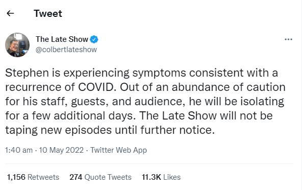 The Late Show’s makers suspend taping as Stephen Colbert shows signs of COVID
