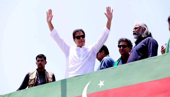 PTI Chairman Imran Khan waves to the crowd during PTI Azadi March on May 25. — PTI Instagram