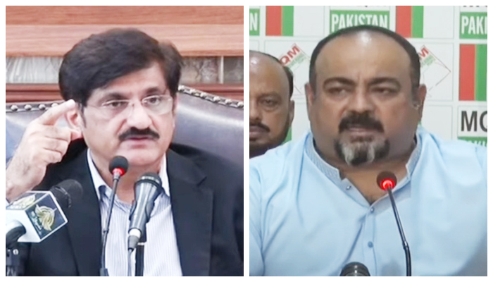 Chief Minister Sindh Murad Ali Shah (left) and MQM-P leader Khawaja Izharul Hassan address separate press conferences in Karachi, on July 13, 2022. — YouTube/Screengrabs