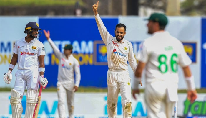 Pakistans Mohammad Nawaz (2R) celebrates after taking the wicket of Sri Lankas Ramesh Mendis (not pictured) during the third day of play of the first cricket Test match between Sri Lanka and Pakistan at the Galle International Cricket Stadium in Galle on July 18, 2022. AFP