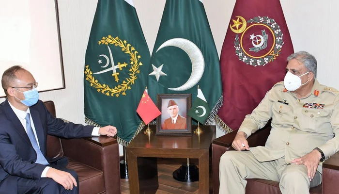 Chief of Army Staff General Qamar Javed Bajwa (right) meets Chinese Ambassador to Pakistan Nong Rong (left) at the General Headquarters in Rawalpindi, on August 10, 2021. — ISPR/File