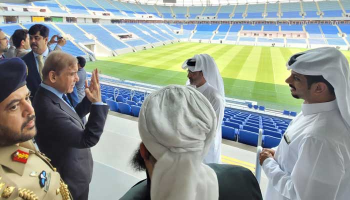 Prime Minister Shahbaz Sharif visits Stadium 974 in Doha. Photo: Twitter/ @Marriyum_A