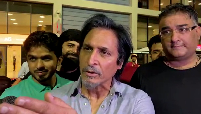 PCB Chairman Ramiz Raja responds to an Indian journalist outside Dubai International Stadium. -Screengrab