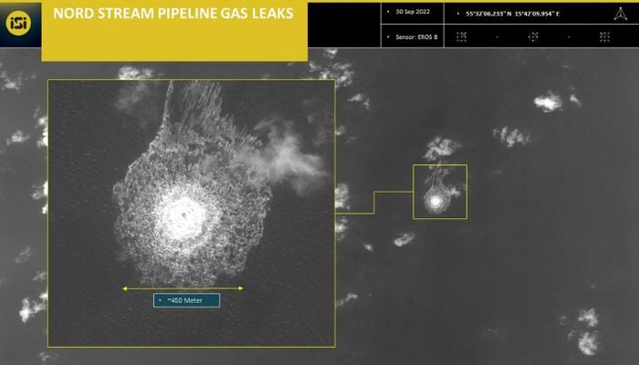 A handout picture released by ImageSat International (ISI) on September 30, 2022, shows an image from an intelligence report depicting a release of gas emanating from a leak on the Nord Stream 1 gas pipeline, in the Swedish economic zone in the Baltic Sea.— AFP PHOTO / HO /ImageSat International (ISI)